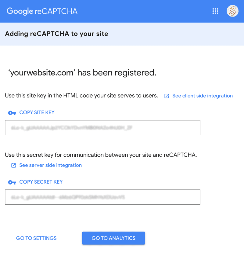 Google reCaptcha site and secret key